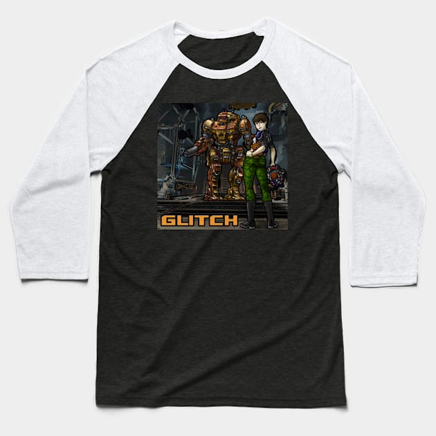 Glitch and her VND-1R Vindicator Battlemech Baseball T-Shirt by Oswald's Oddities